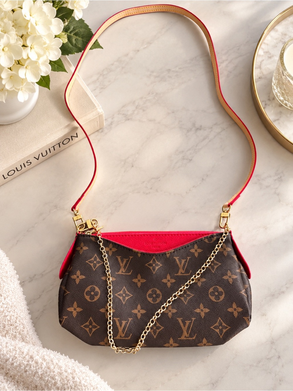 Louis Vuitton Monogram Crossbody Bag with Red Trim and Gold Chain